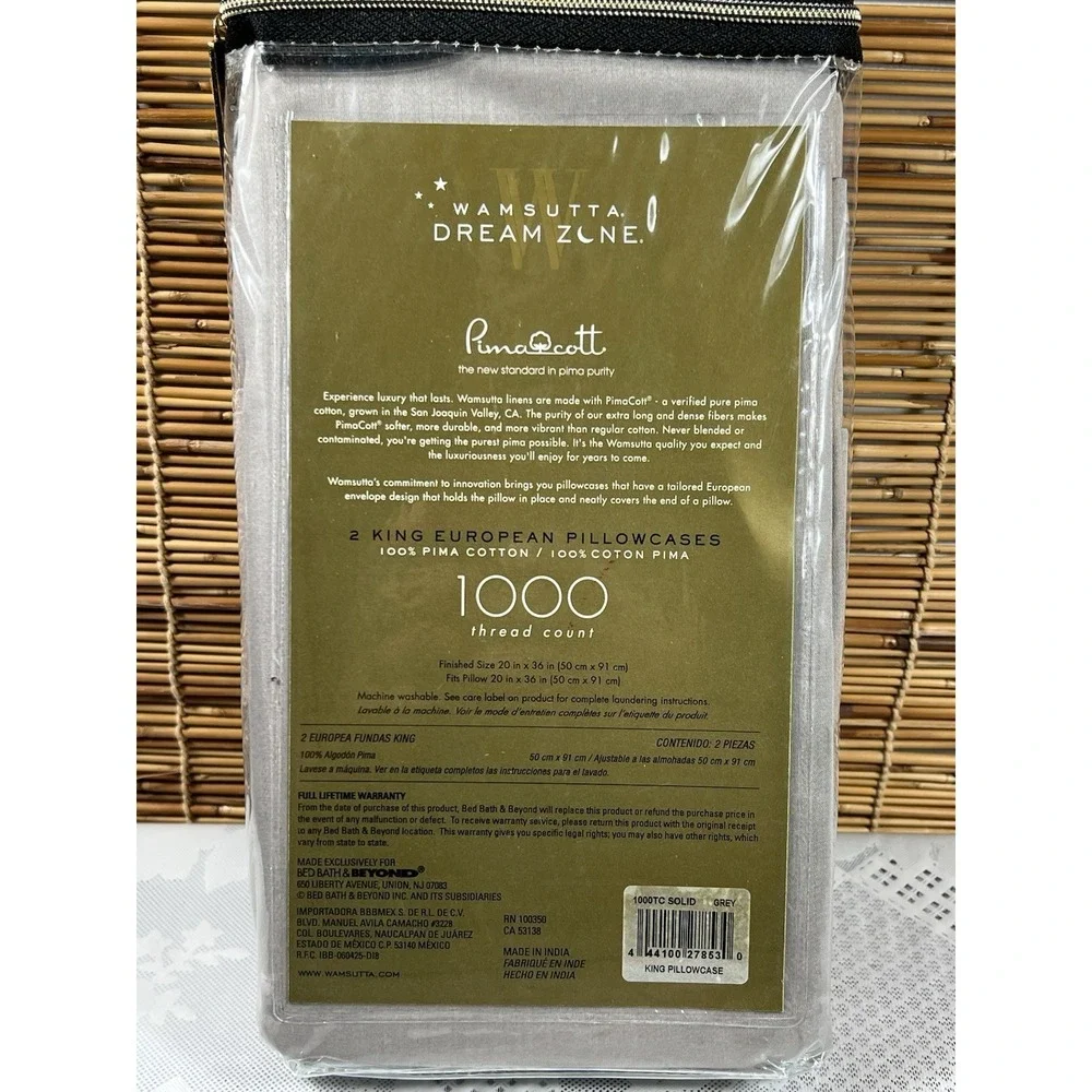 Wamsutta Dream Zone 2 Pillowcases 1000 Thread Count Pima Cotton Grey Solid KING
